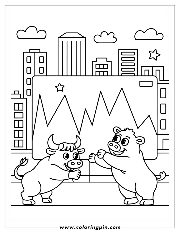Line art of a bull and bear standing beside a stock market chart, with city buildings in the background.