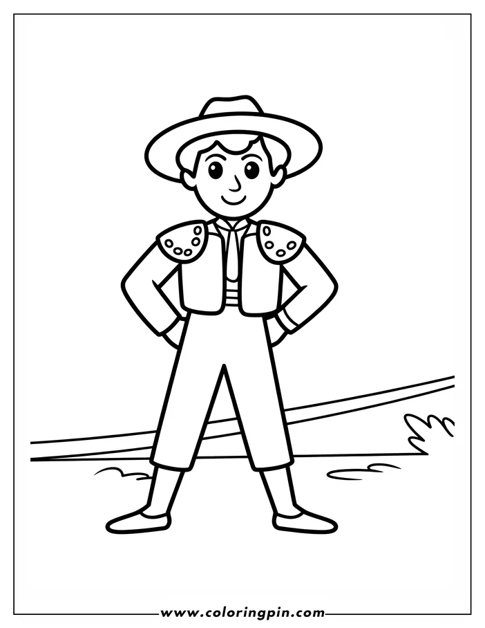 Outline of a cartoon bullfighter in traditional attire. He wears a decorated jacket, pants, a tie and a wide-brimmed hat and stands with his hands on his hips against a simple landscape background.