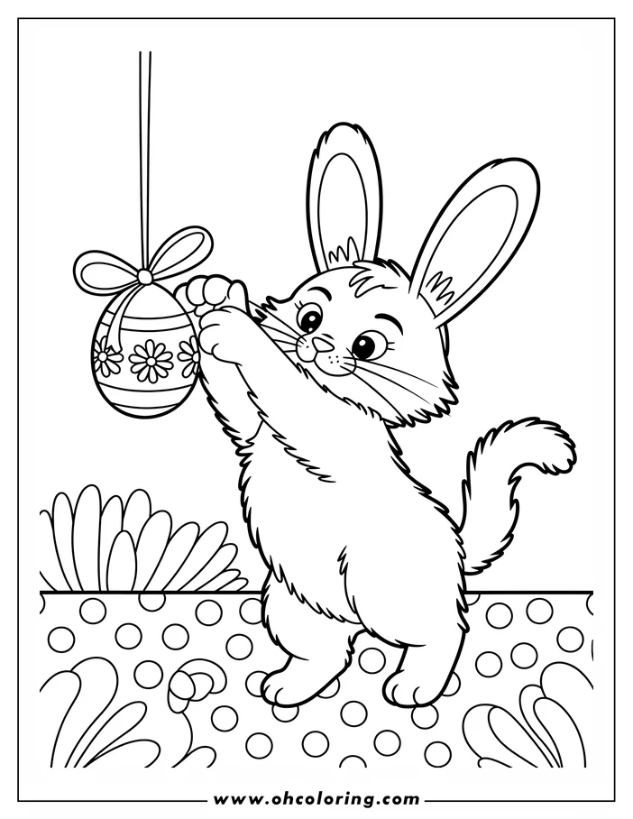 Line art of a cartoon bunny reaching for a hanging Easter egg. The bunny has large ears, a fluffy body, and a content expression. The egg is decorated with flowers and stripes and hangs from a ribbon tied in a bow. This design is a coloring sheet perfect for Easter.