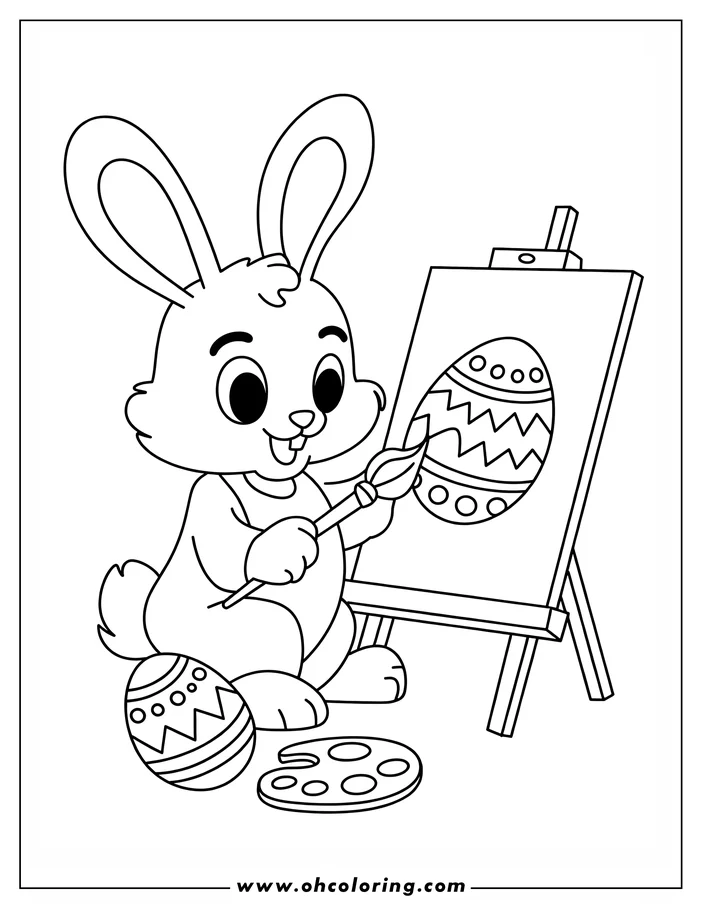 Outline of a cartoon bunny painting an Easter egg design onto a canvas set up on an easel. A decorated egg and artist's palette rest near the bunny.