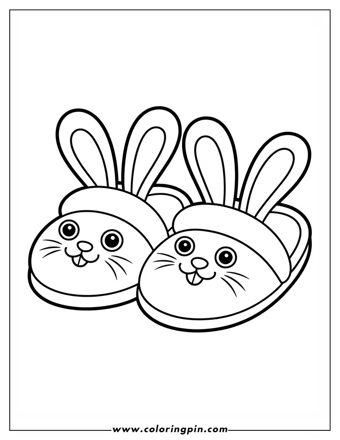 Line art of a pair of bunny slippers. Each slipper has a smiling bunny face and floppy ears.