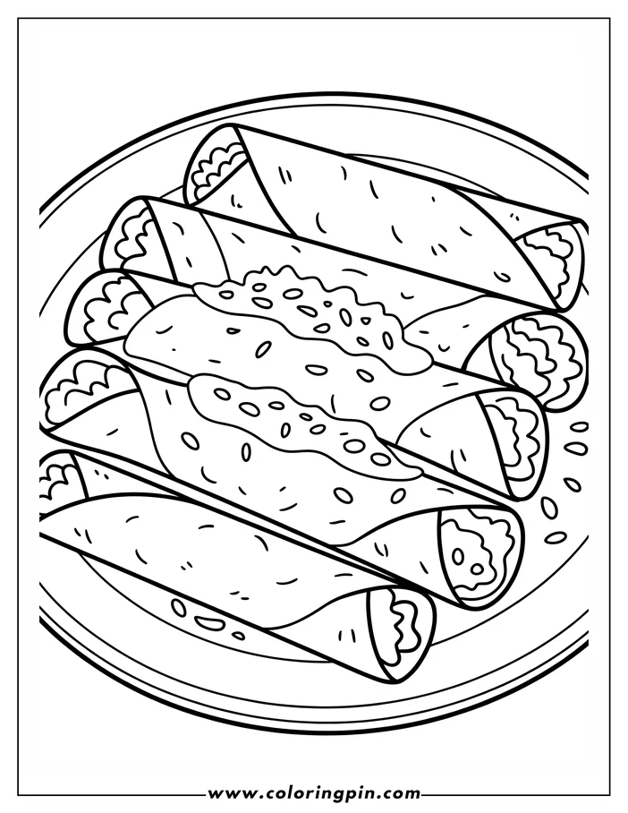Four burritos on a plate topped with sauce and spices.