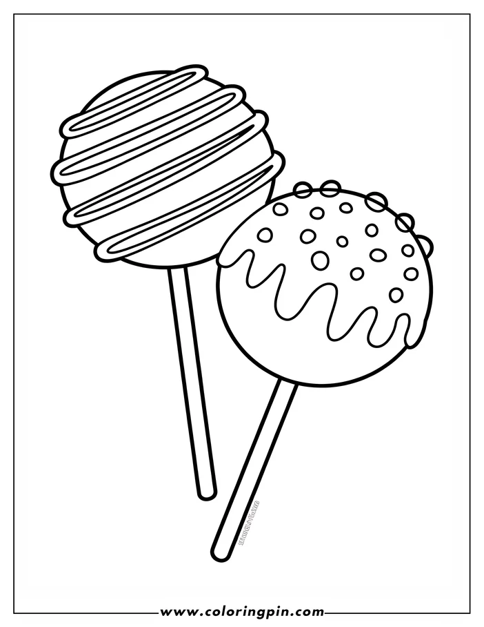 Line art of two cake pops on sticks. One is decorated with swirls, and the other with sprinkles and drizzled icing.