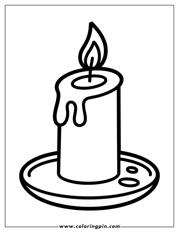 Line art of a candle on a dish.  Melted wax is shown dripping down the candle and two small circles are visible on the dish.