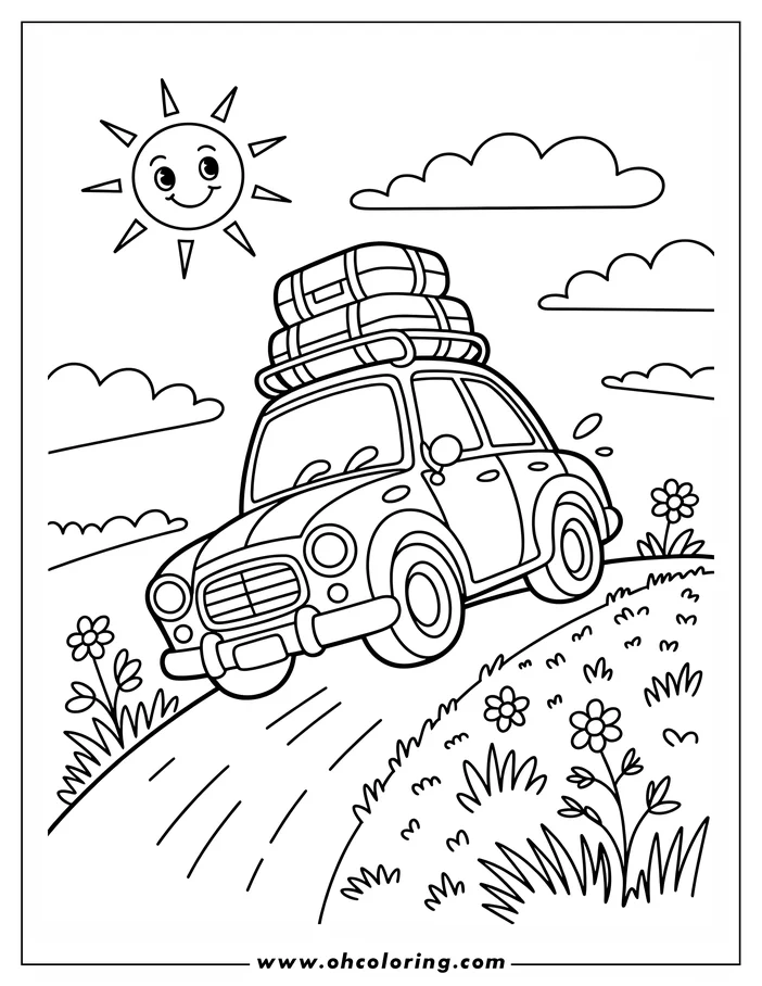 Outline of a cartoon car with luggage on its roof, driving on a winding road under a smiling sun. Flowers and grass line the roadside.