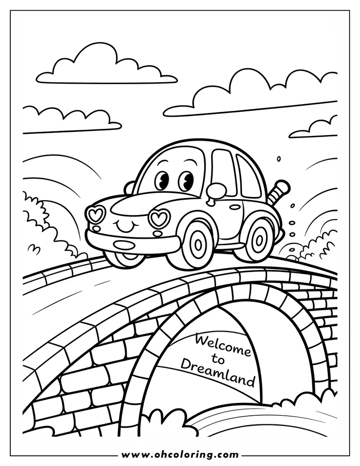 Outline of a cute car driving over a brick bridge leading to "Dreamland."
