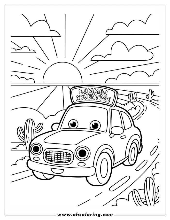 Line art of a cartoon car driving on a desert road during a summer adventure, with cacti and a bright sun in the background.