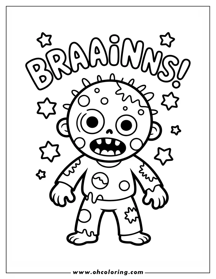 Line art of a cartoon zombie with a stitched forehead, shouting "Braainns!" He wears a tattered shirt and pants and has large, round eyes. This is a coloring sheet design.