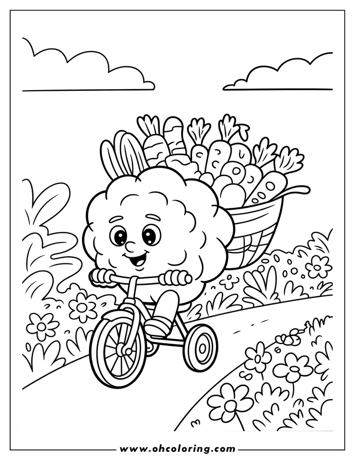 Line art of a cartoon cauliflower riding a tricycle, with a basket full of carrots and other vegetables.  It has a simple, friendly face and is surrounded by flowers and grass along a path, designed as a coloring sheet.