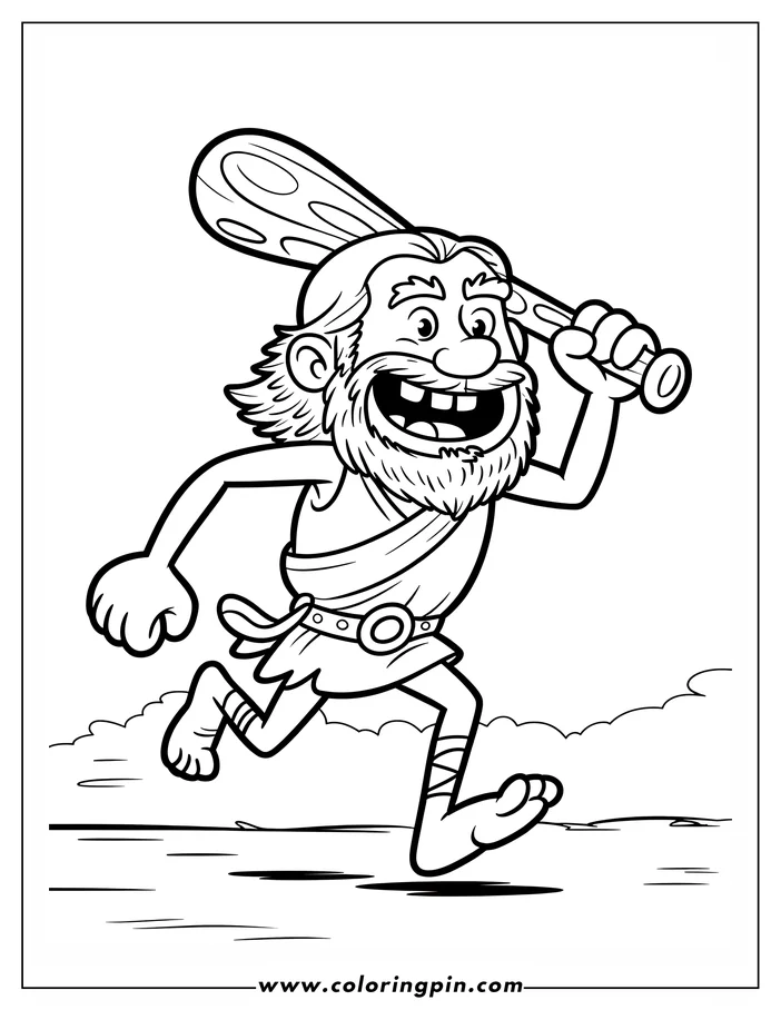 Line art of a cartoon caveman running with a club over his shoulder. He wears a tunic and has a big, happy smile.