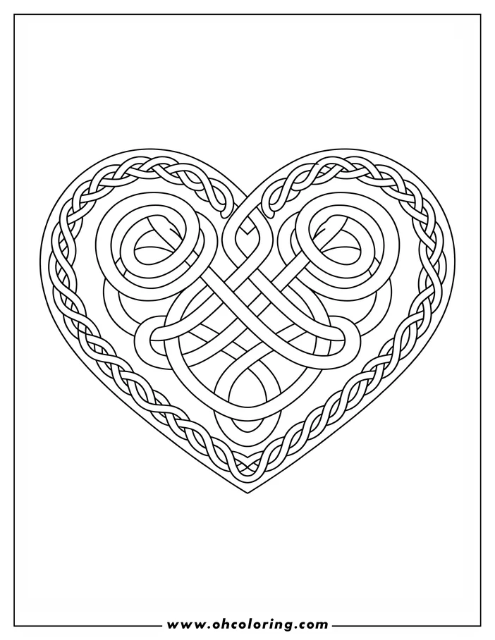 Line art of a heart filled with a Celtic knotwork design. The pattern is made up of interwoven lines and loops, detailed for coloring.