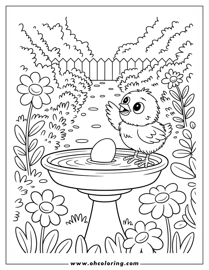 Line art of a cheerful cartoon chick standing in a bird bath with an Easter egg. The scene is set in a garden with flowers, bushes, and a picket fence in the background. This simple drawing is designed as a coloring sheet for children, celebrating Easter.