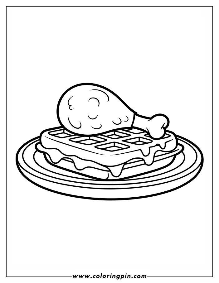 Line art of a chicken drumstick on top of a waffle covered in syrup, all on a plate.