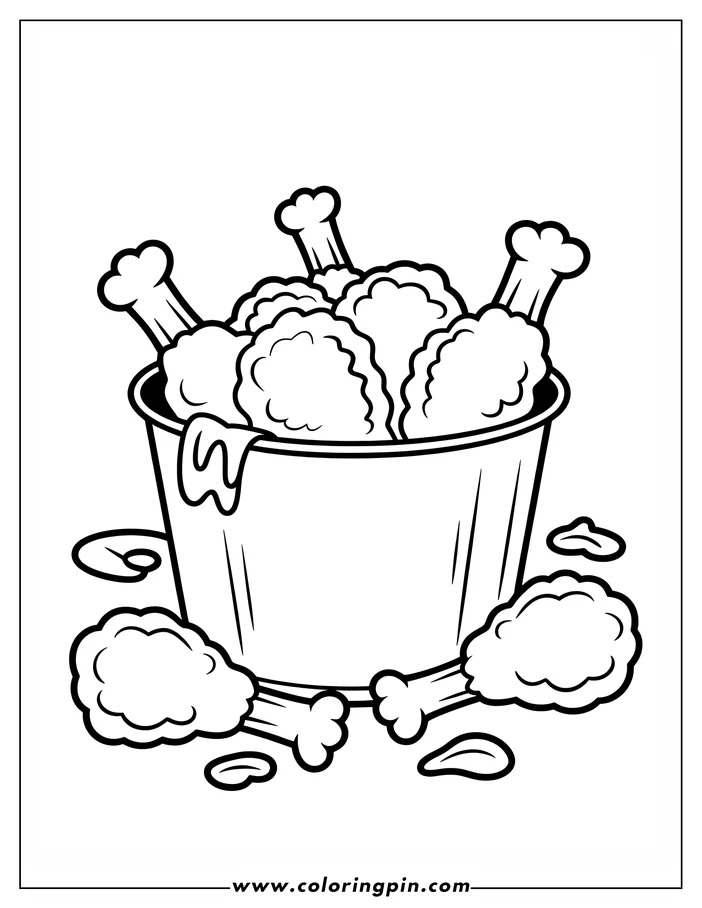 Line art of cartoon chicken drumsticks overflowing from a bucket, some have fallen with sauce dripping