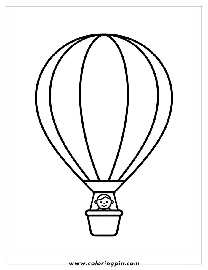 Outline of a child with short hair sitting in the basket of a striped hot air balloon
