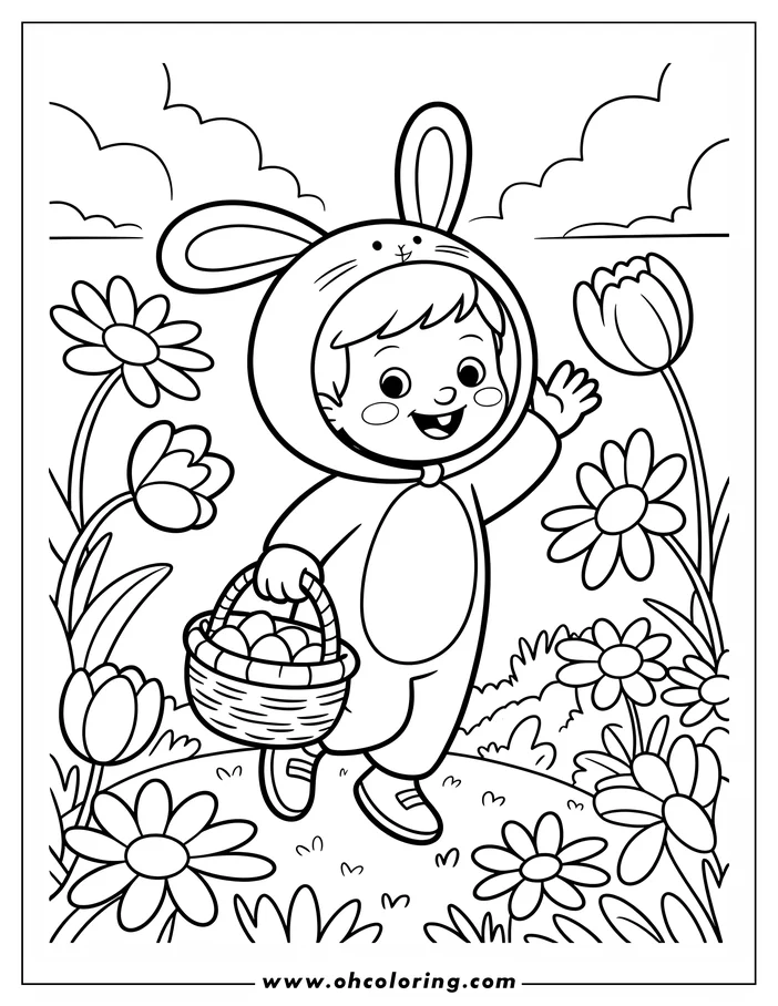 Line art of a child wearing a bunny costume and carrying an Easter basket filled with eggs, walking in a garden of flowers.  A coloring sheet design perfect for Easter.