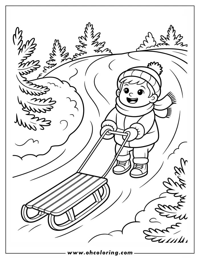 Line art of a child pulling a sled through the snow. The child is wearing winter clothes, including a hat, scarf, coat, and boots. The sled is a simple wooden design with runners. There are snow-covered evergreen trees in the background. This is a coloring sheet design.