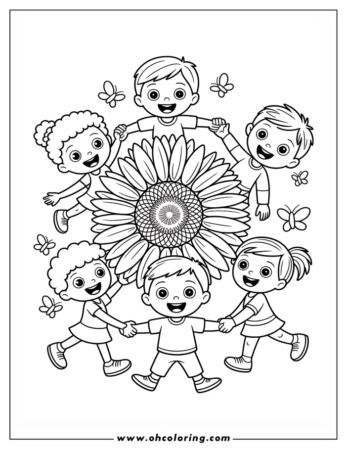 Line art of six children holding hands in a circle around a large sunflower for Earth Day. Butterflies are depicted flying nearby. This image is designed as a coloring page.