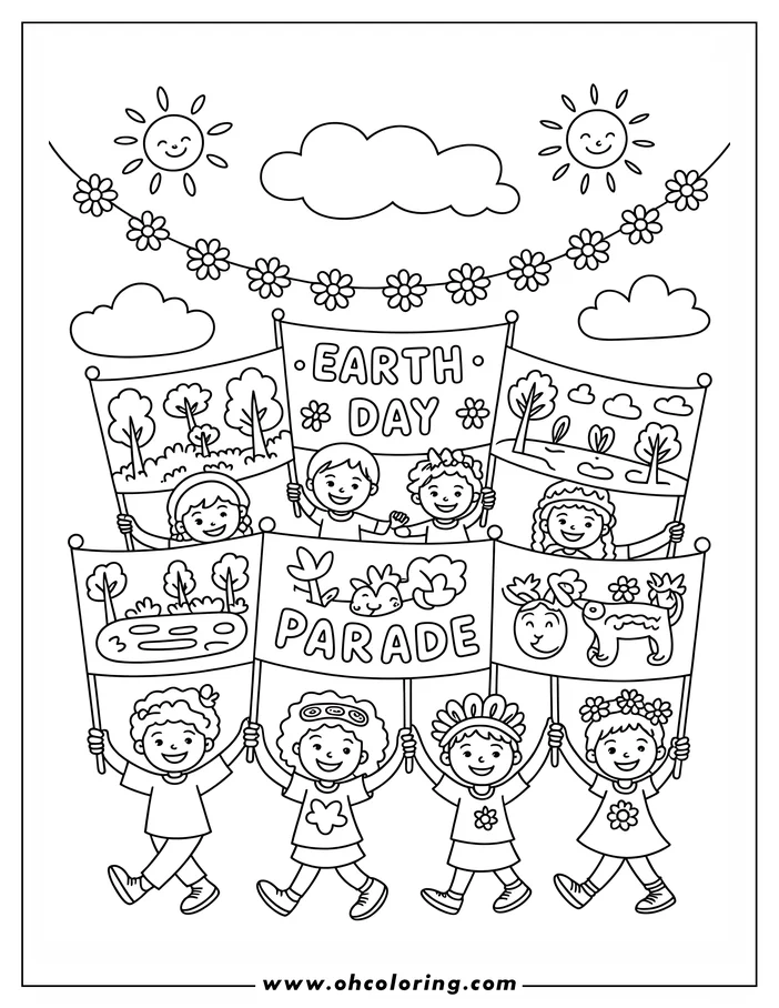 Line art of six children holding signs and banners in an Earth Day parade. The banners depict natural scenes and the words "Earth Day Parade." This coloring sheet design features smiling children and celebrates environmental awareness.