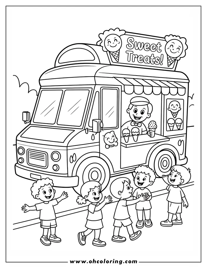 Line art of four children at an ice cream truck with a vendor serving treats.