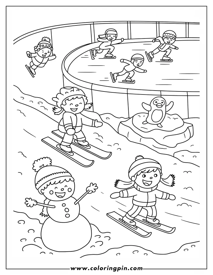 Children enjoy winter activities like skiing and ice skating. Some are skiing downhill beside a snowman, others are skating on an ice rink, and a penguin stands on a block of ice.