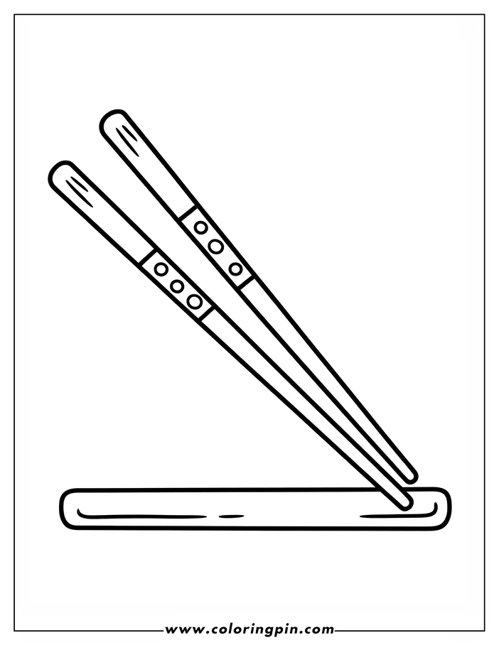 Line art of chopsticks resting on a simple chopstick rest.