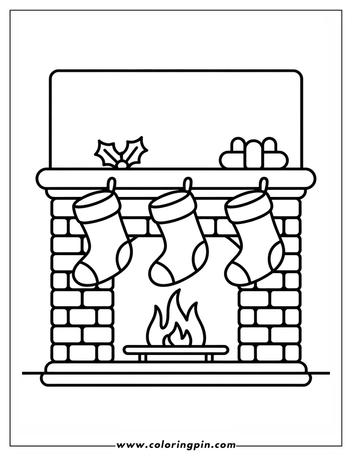 Outline of three Christmas stockings hanging from a fireplace mantel with a fire burning below and holly and a present on the mantelpiece.