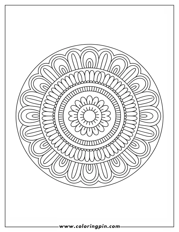 Intricate circular mandala design with layered floral and geometric patterns. Perfect for coloring.