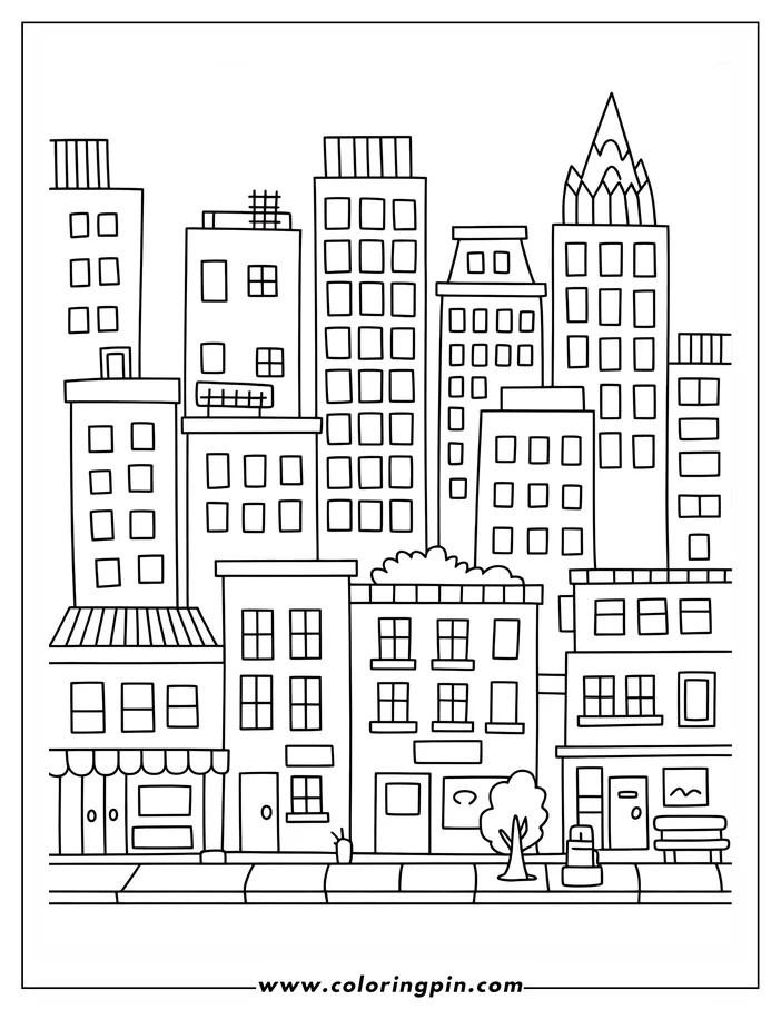 Line art of a city street with various buildings, trees, and a bench on the sidewalk.