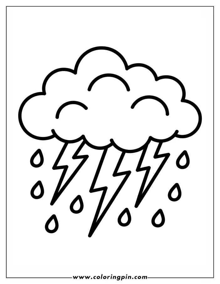 Outline of a cartoon cloud with lightning and rain