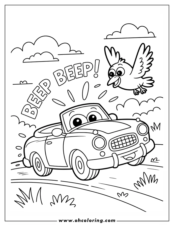 Outline of a cartoon convertible car beeping at a surprised bird flying above