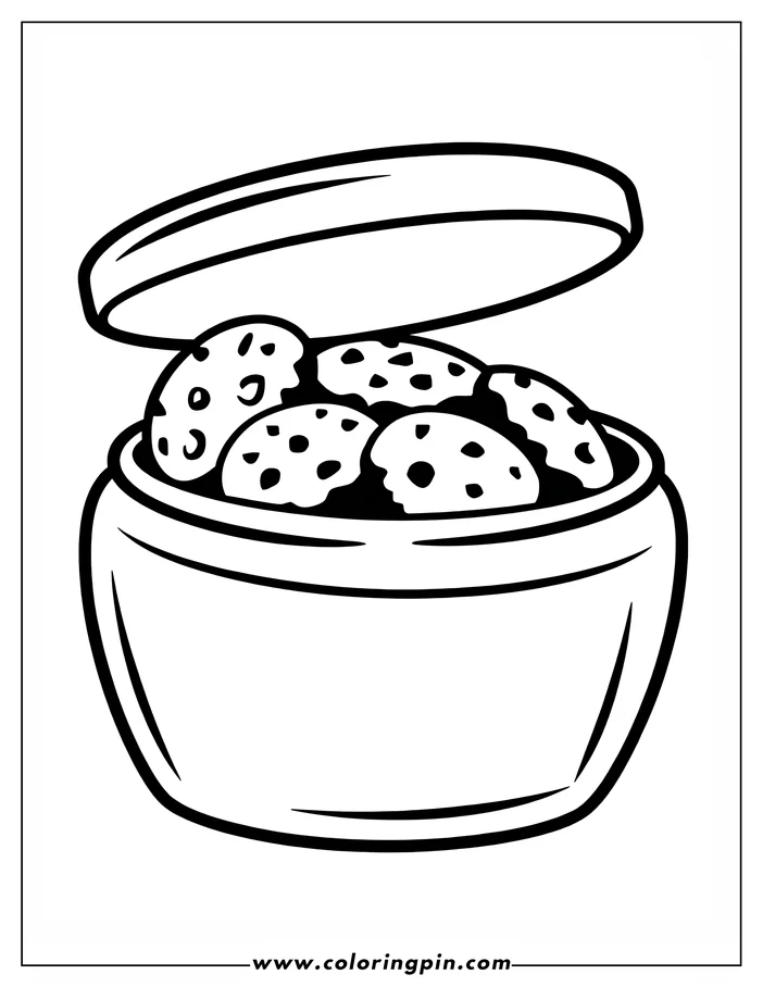 Line art of chocolate chip cookies in a jar with the lid open.