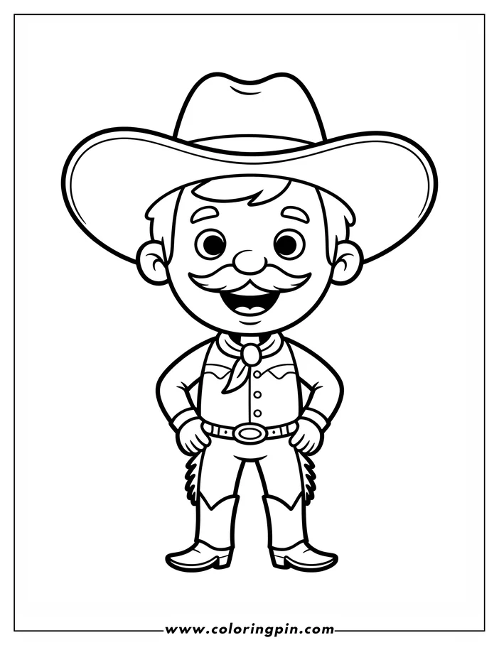 Line art of a cartoon cowboy wearing a hat, chaps, and boots.