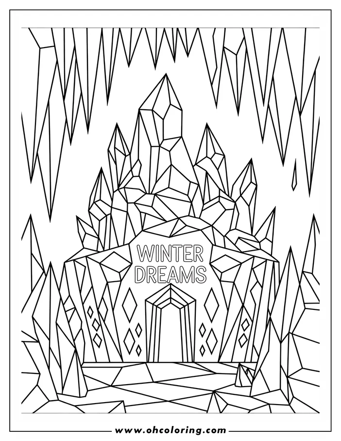 Line art of a geometric crystal cave for a winter coloring page. Large faceted crystals form the cave, with smaller crystals around it and icicles hanging above. The design has an icy, magical, dreamlike feel.
