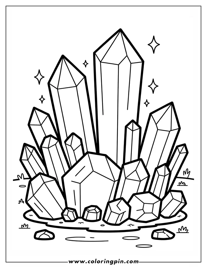 Line art of a cluster of various crystals surrounded by small rocks and grass.