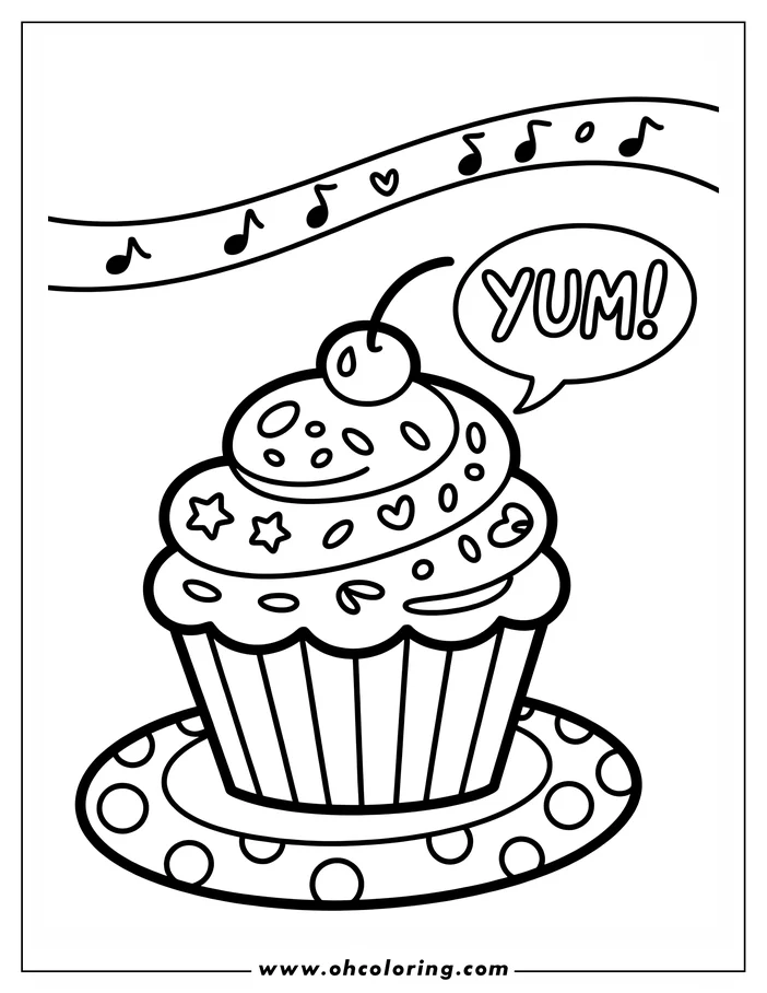 Line art of a cupcake on a plate with a cherry on top and a speech bubble that says "YUM!"