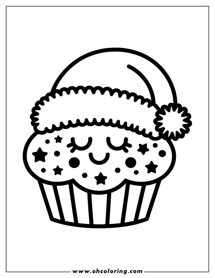 Outline drawing of a cupcake wearing a Santa Claus hat, decorated with stars and dots. Perfect Christmas treat to color.