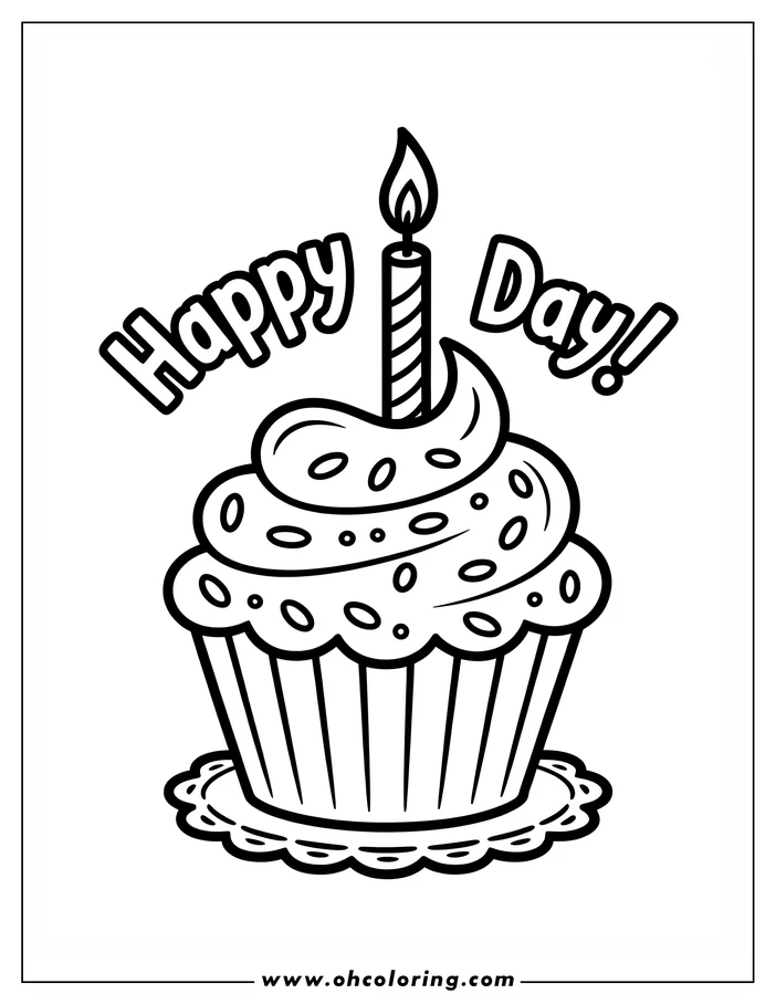 Line art of a cupcake with a lit candle on a doily. The words "Happy Day!" are written above the cupcake.