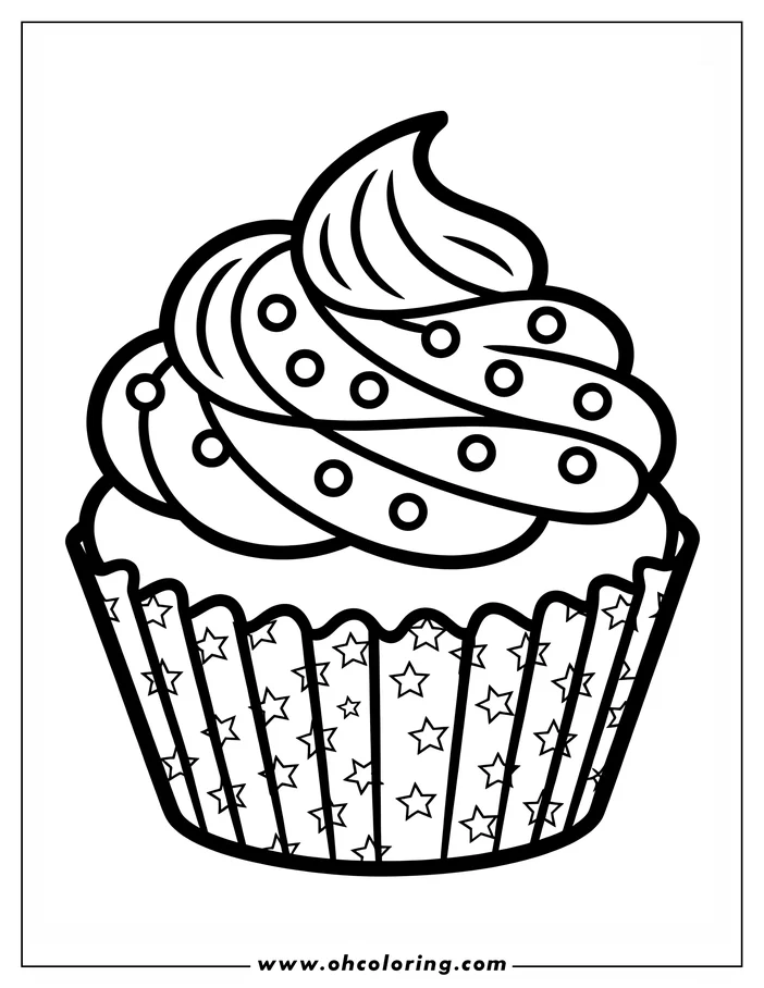 Line art of a cupcake with swirled frosting and a star-patterned wrapper.