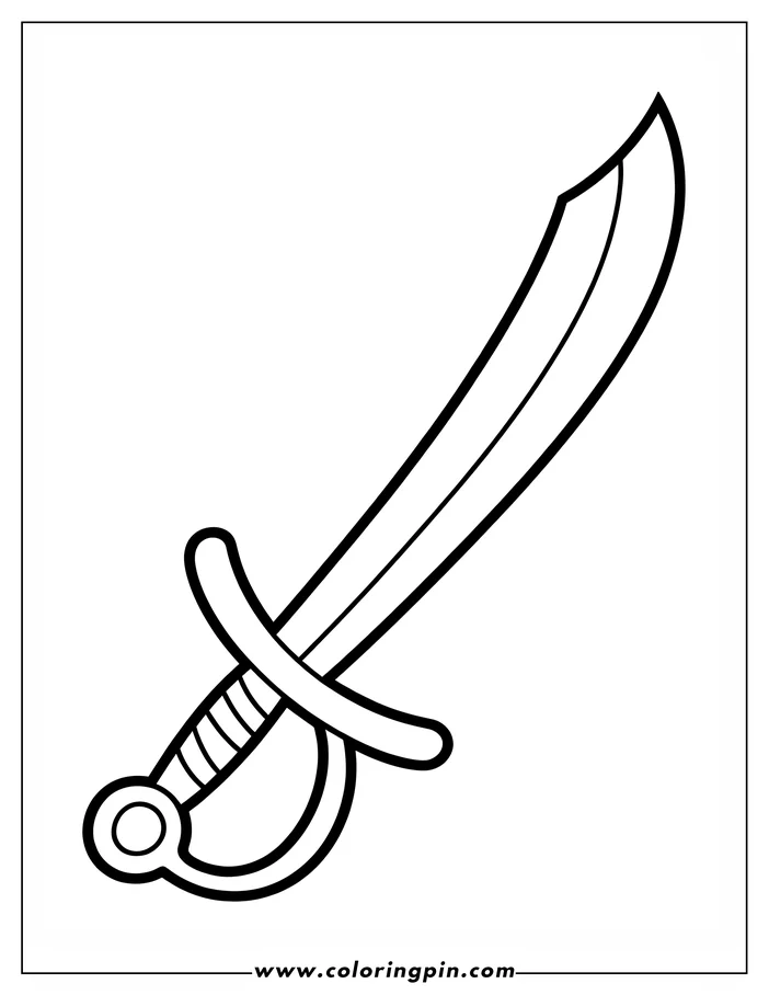 Line art of a cutlass, a short saber with a curved blade and a detailed handle.