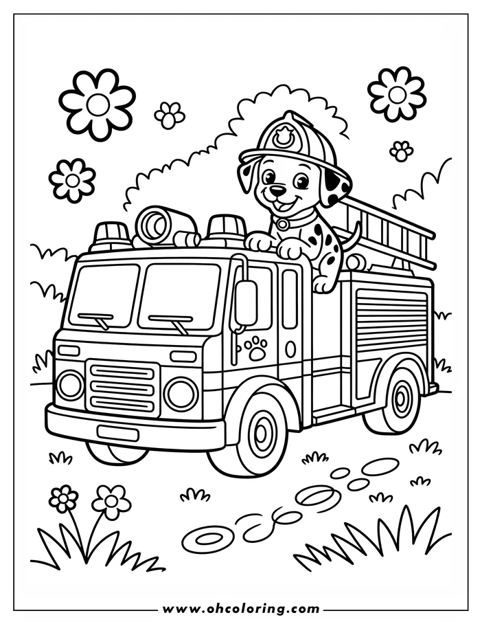Line art of a Dalmatian puppy, wearing a fireman's hat, perched on a fire truck. The truck features a ladder, hoses, and paw print decals. Simple flowers and grass tufts fill the surrounding area, creating a cheerful setting for this coloring page design.