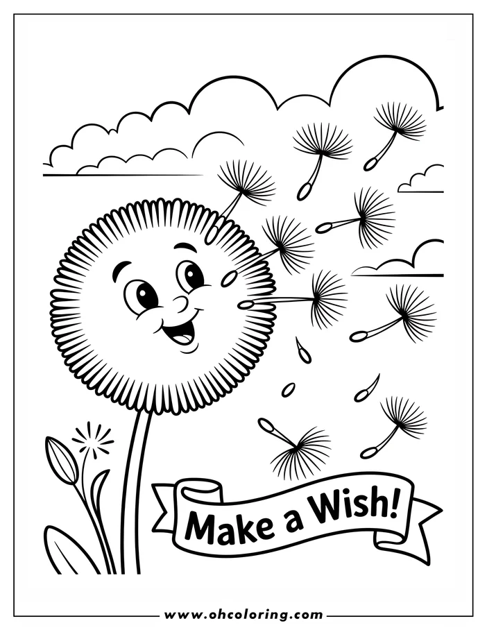 Line art of a happy dandelion blowing in the wind, its seeds scattering. A banner below encourages viewers to 'Make a Wish!'.