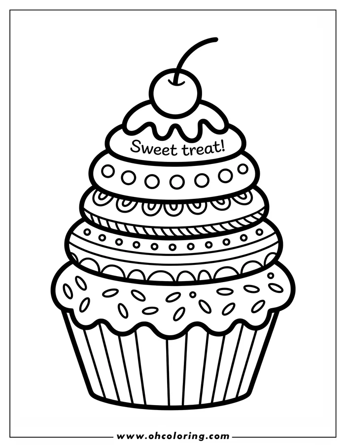 Line art of a detailed, decorated cupcake with frosting, sprinkles, and a cherry on top.