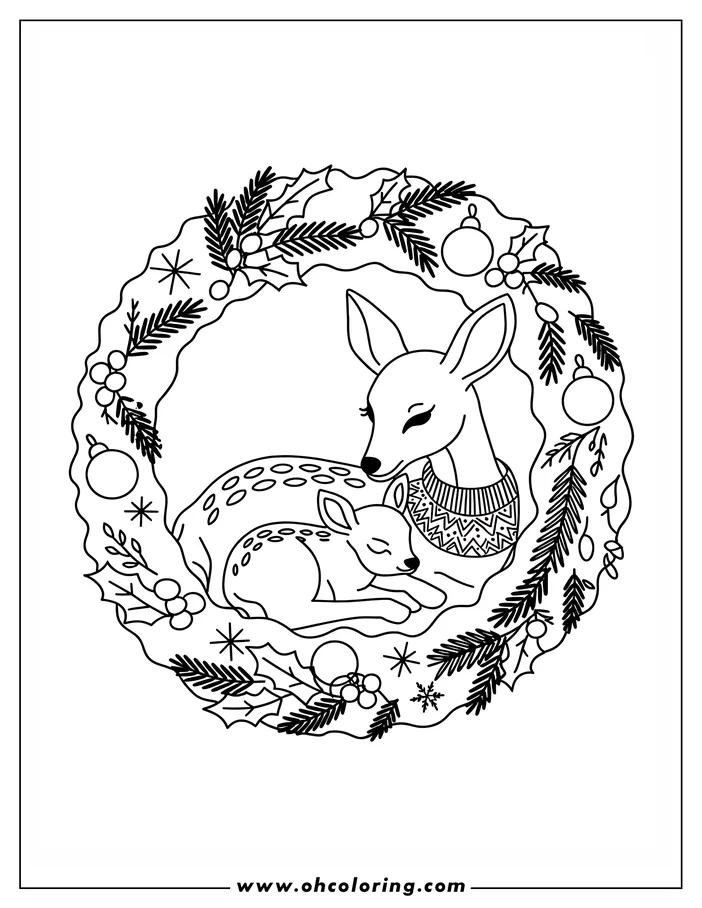 Outline of a mother deer and fawn inside a Christmas wreath adorned with ornaments, holly, and pine branches. The mother deer wears a festive sweater, and the fawn is sleeping.