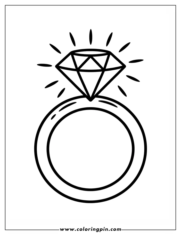 Line art of a diamond ring with a large, sparkling diamond on a simple band.