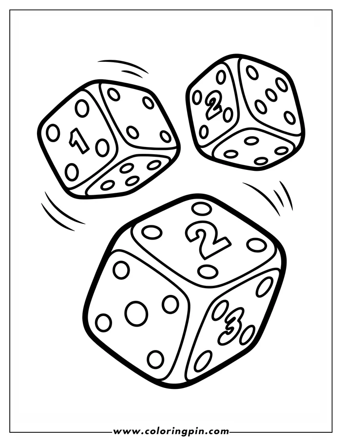 Line art of three dice rolling, showing various numbers.