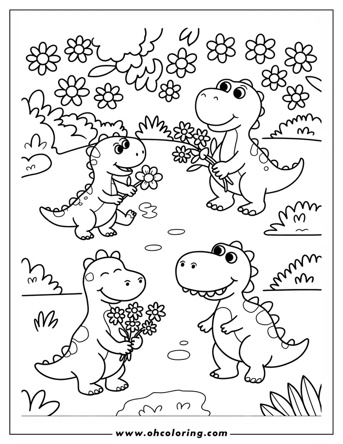 Four cartoon dinosaurs exchanging flowers outdoors, with additional flowers in the background and foreground.