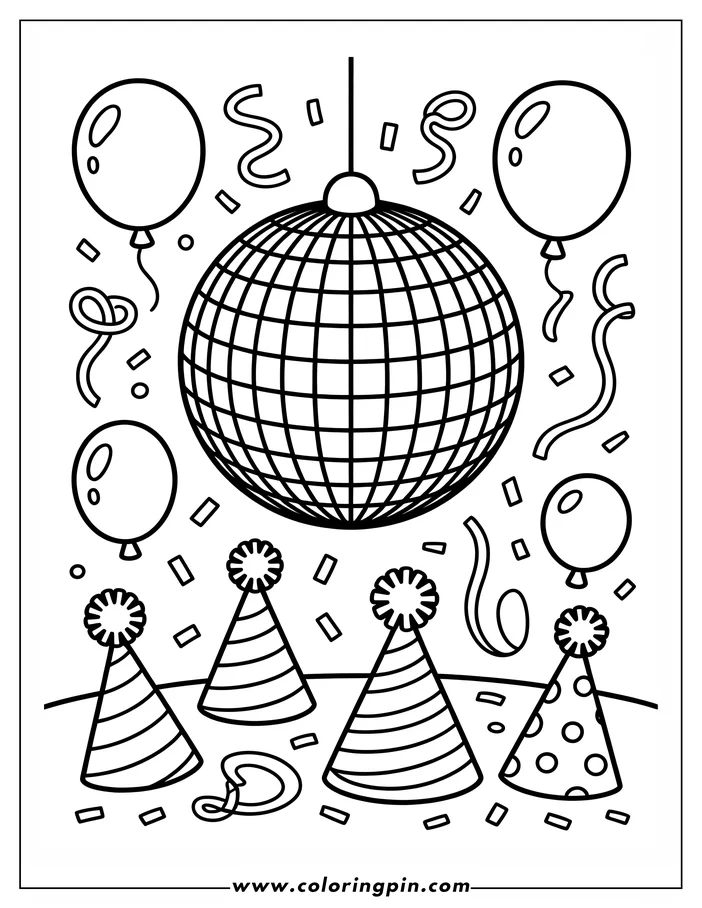 Outline of a disco ball hanging over four party hats, balloons, confetti, and streamers.