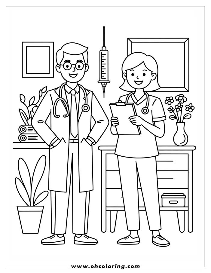 Line art of a doctor and nurse in a clinic setting, with medical equipment and plants in the background.