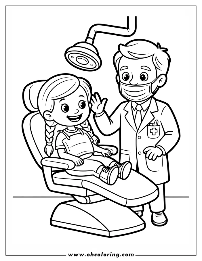 Line art of a doctor and a patient in a dentist's office. The patient is seated in the dentist chair and the doctor is standing next to her.